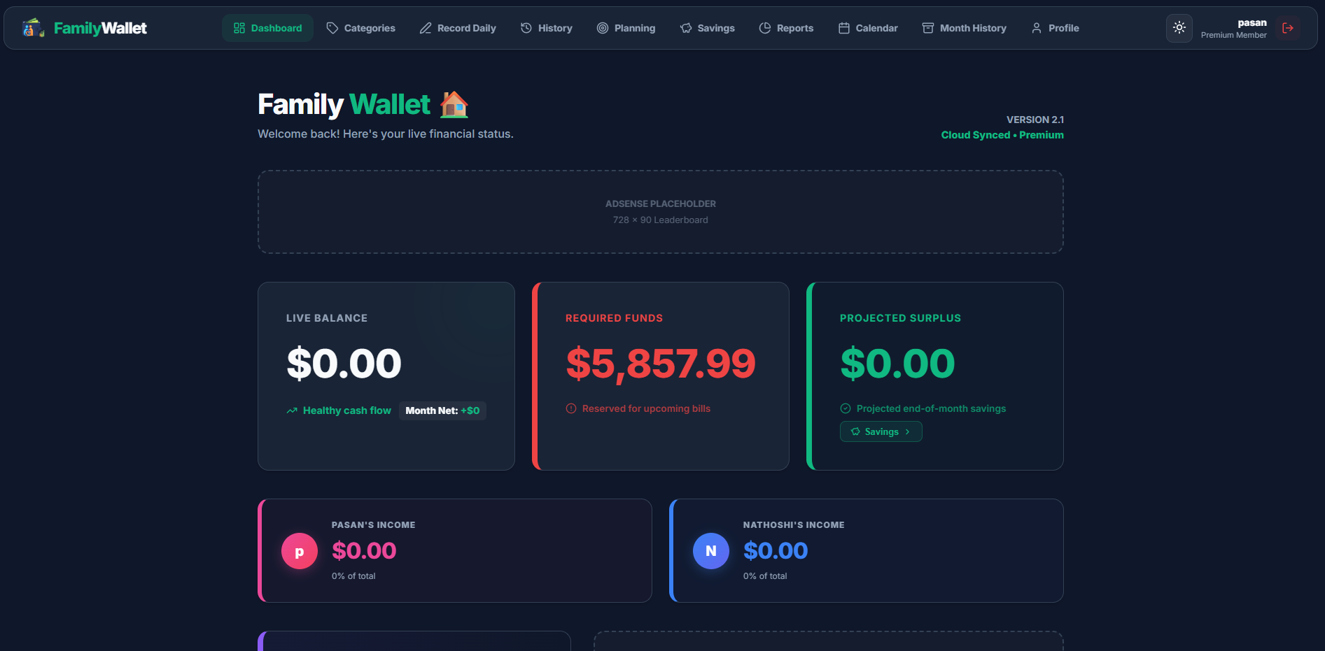 Family Wallet dashboard
