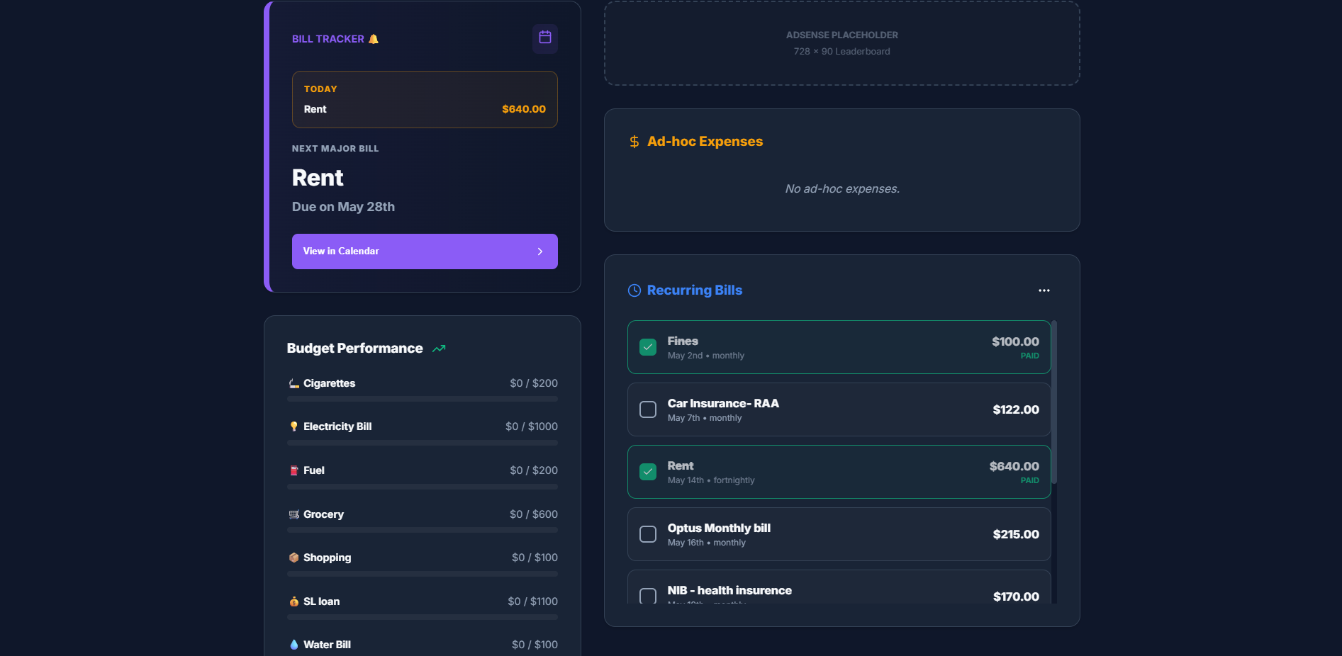 Bill tracker, budget performance, recurring bills