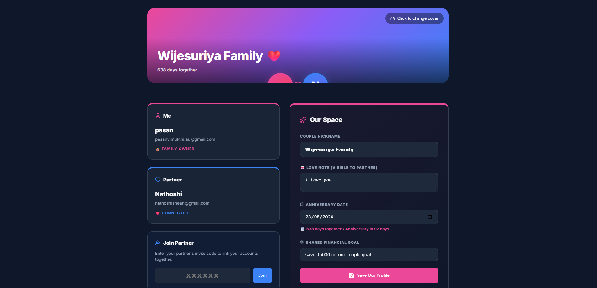 Couple profile, partner sync, anniversary